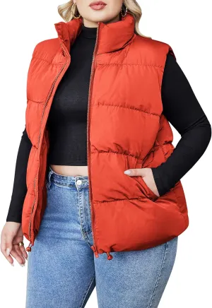IN'VOLAND Women's Plus Size Zip Up Puffer Vest Stand Collar Outerwear Sleeveless Padded Jacket Coat with Pockets