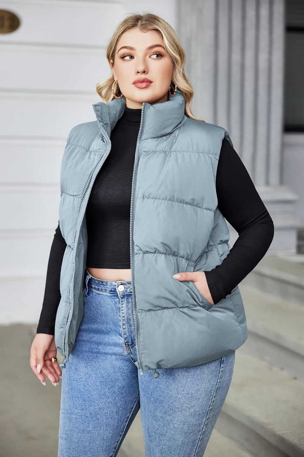 IN'VOLAND Women's Plus Size Zip Up Puffer Vest Stand Collar Outerwear Sleeveless Padded Jacket Coat with Pockets
