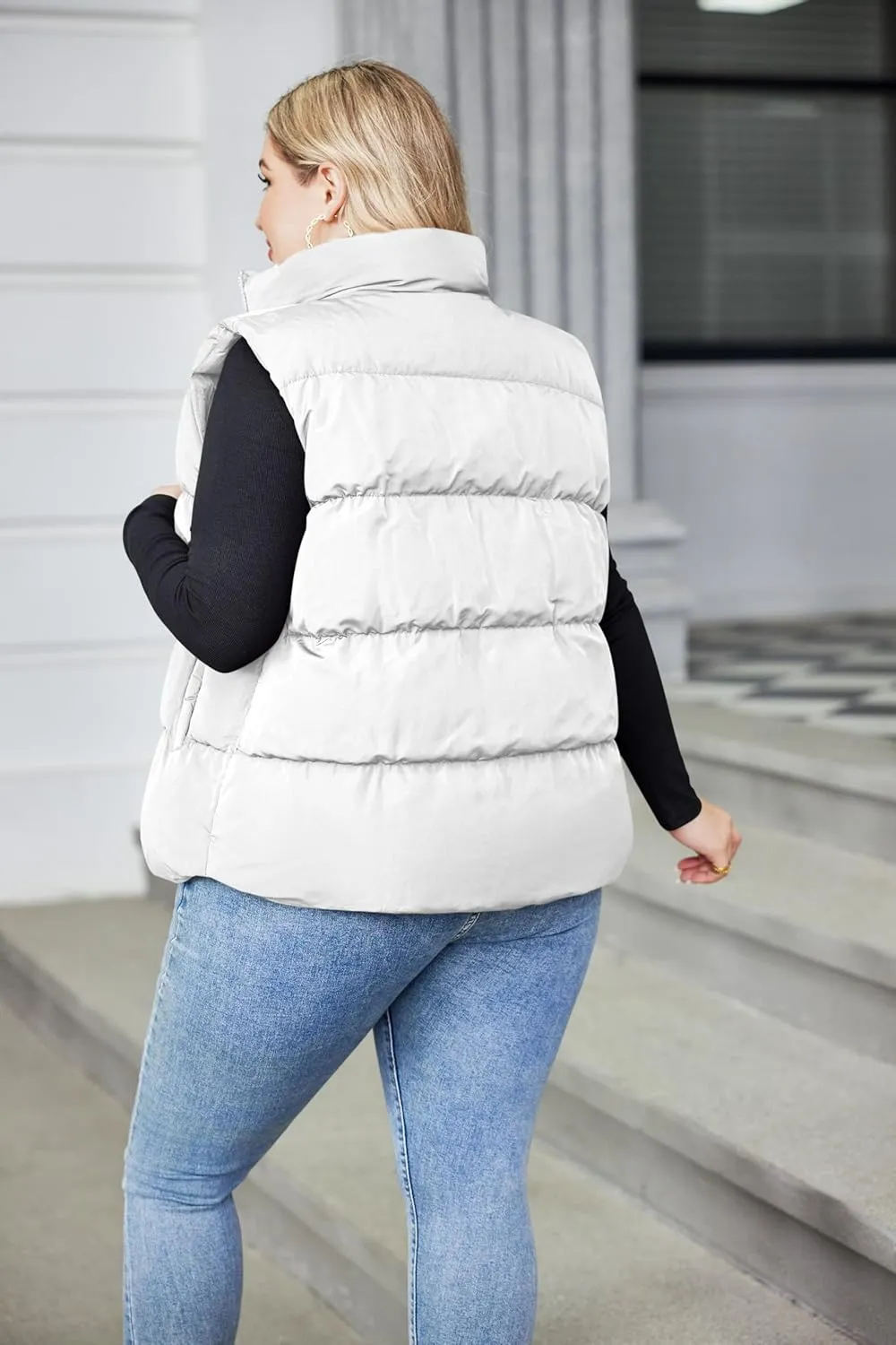 IN'VOLAND Women's Plus Size Zip Up Puffer Vest Stand Collar Outerwear Sleeveless Padded Jacket Coat with Pockets