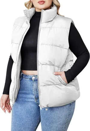 IN'VOLAND Women's Plus Size Zip Up Puffer Vest Stand Collar Outerwear Sleeveless Padded Jacket Coat with Pockets