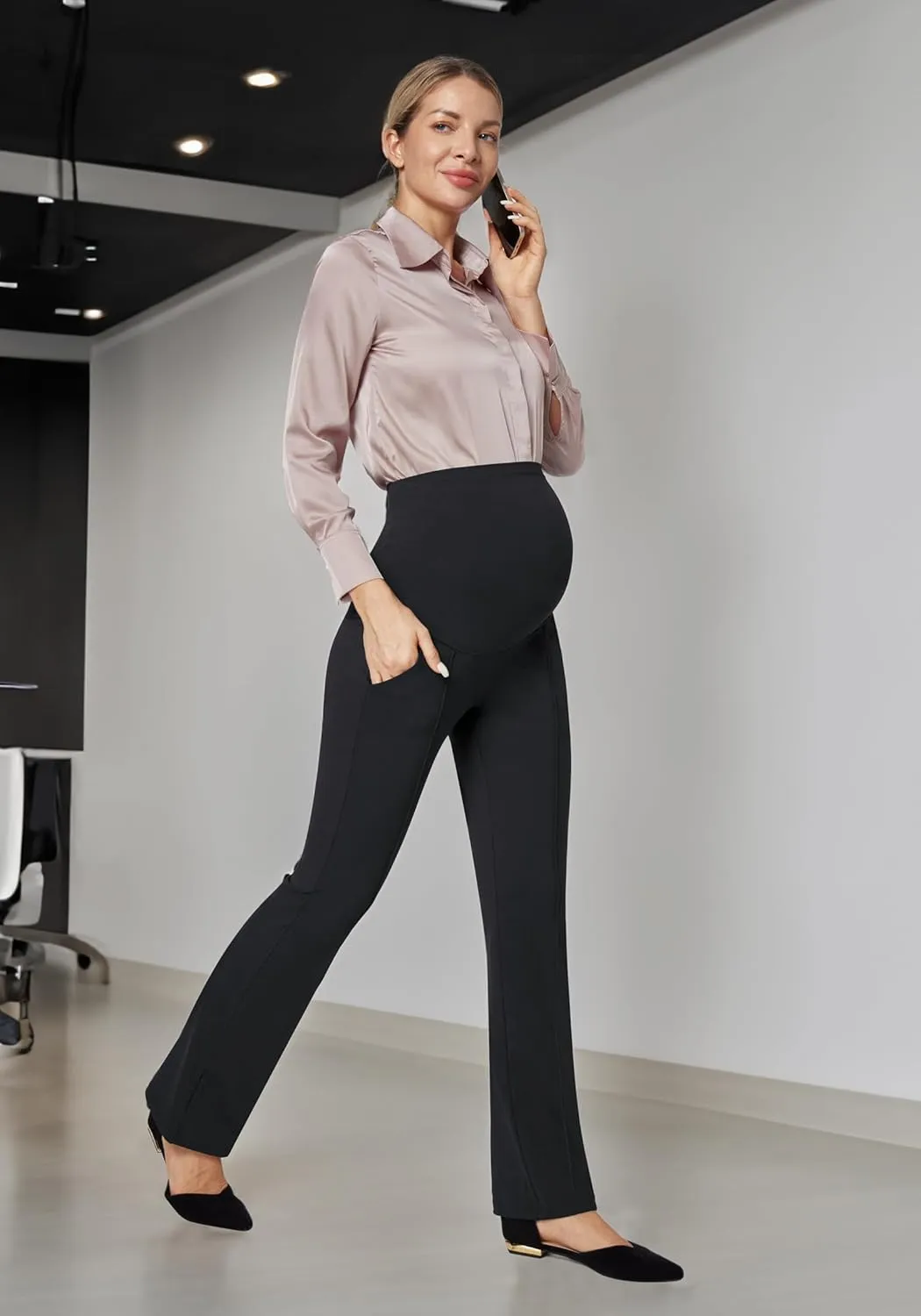 IUGA Soft Maternity Pants Over The Belly with Pockets Stretchy Maternity Clothes for Work Pregnancy Flare Maternity Leggings