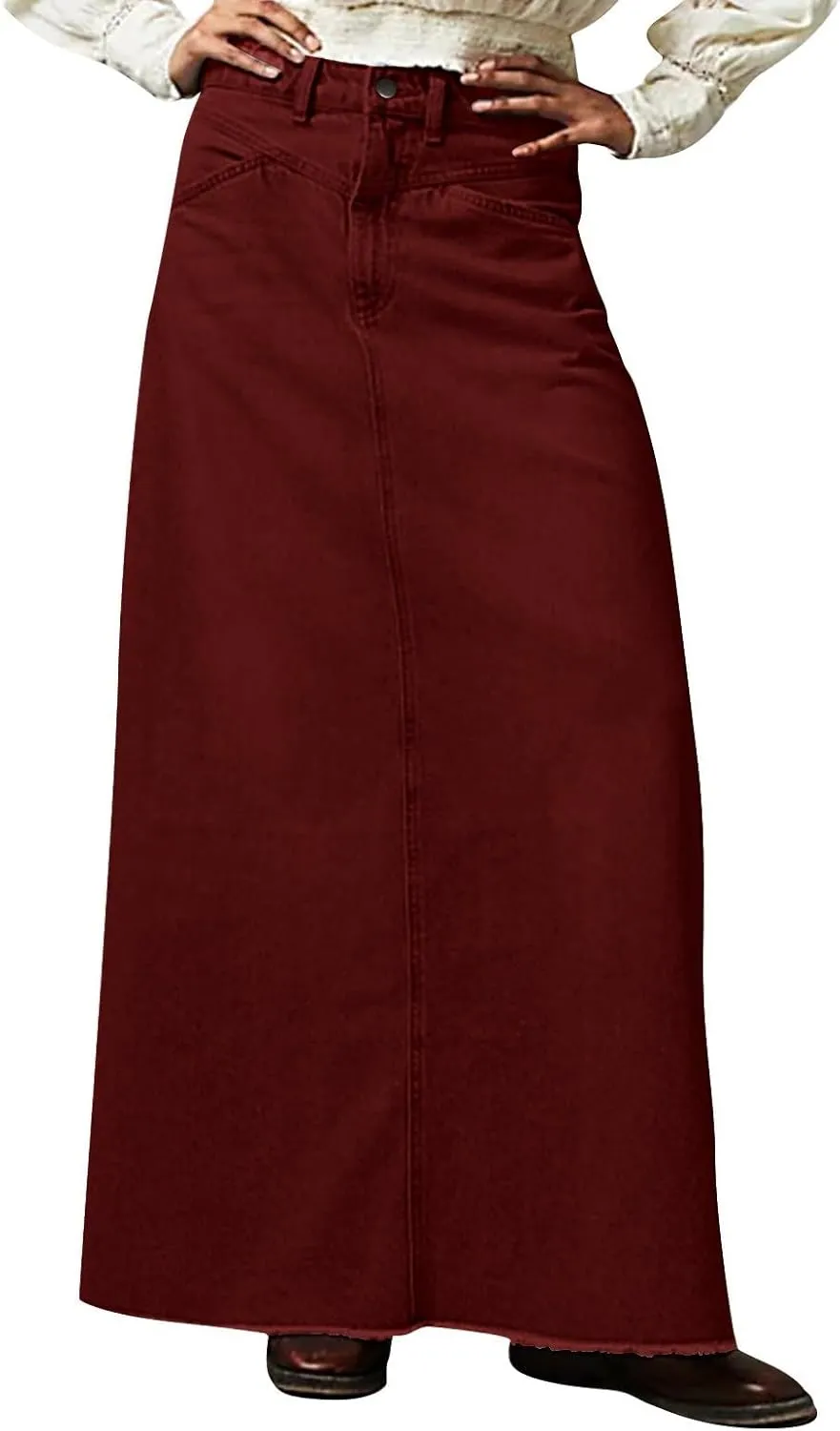 Jean Skirts for Women Denim Casual Y2k High Waisted Skirts Vintage Frayed Raw Hem Long Denim Skirt with Pockets