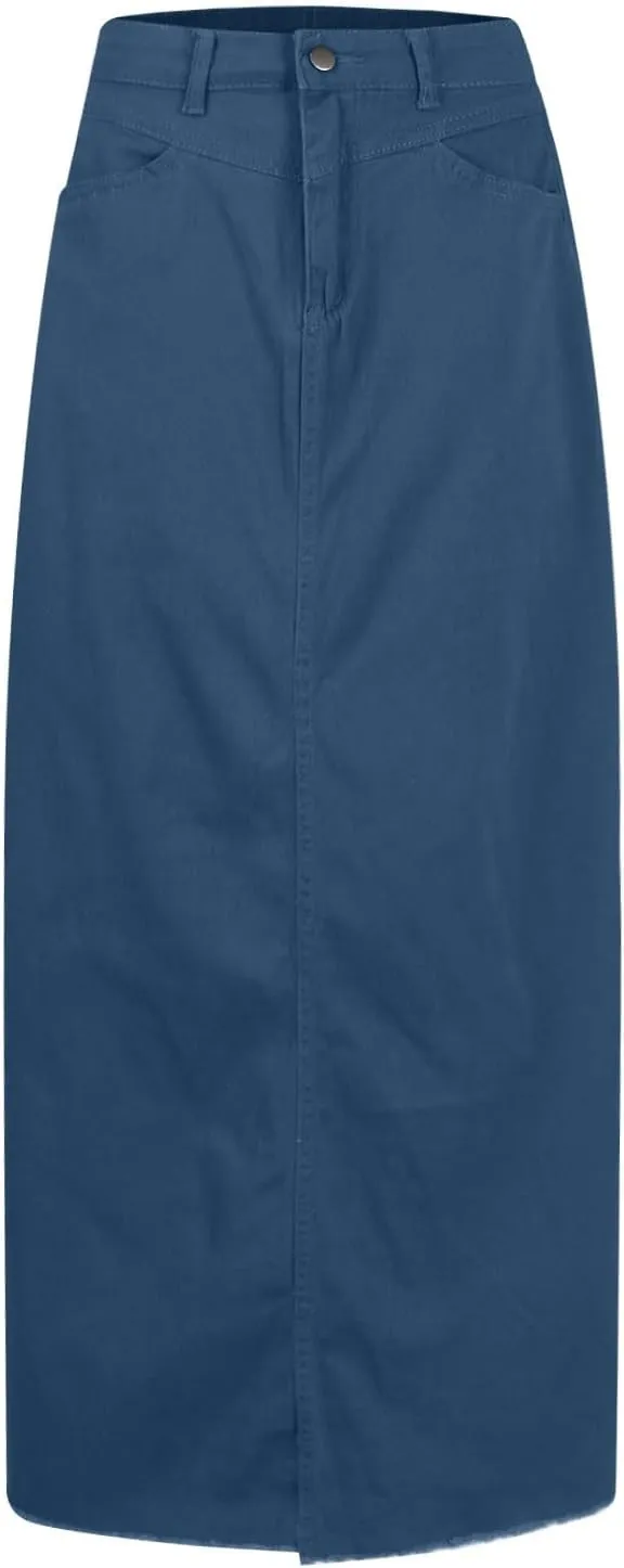 Jean Skirts for Women Denim Casual Y2k High Waisted Skirts Vintage Frayed Raw Hem Long Denim Skirt with Pockets