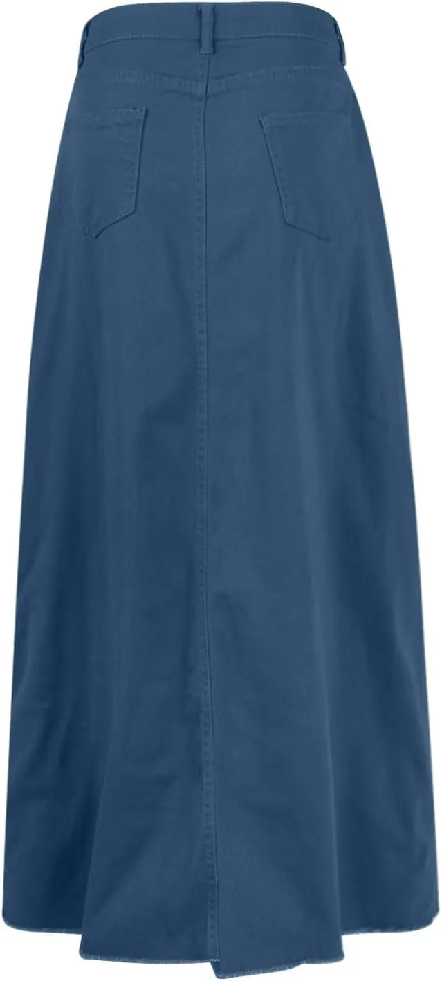 Jean Skirts for Women Denim Casual Y2k High Waisted Skirts Vintage Frayed Raw Hem Long Denim Skirt with Pockets