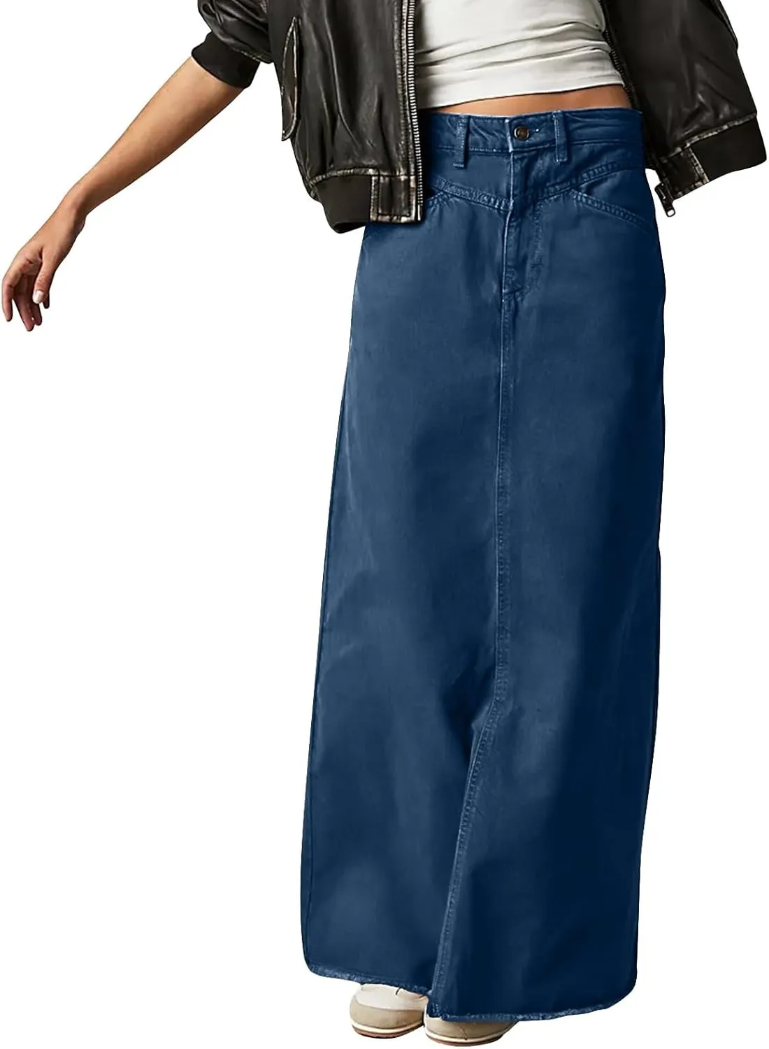 Jean Skirts for Women Denim Casual Y2k High Waisted Skirts Vintage Frayed Raw Hem Long Denim Skirt with Pockets