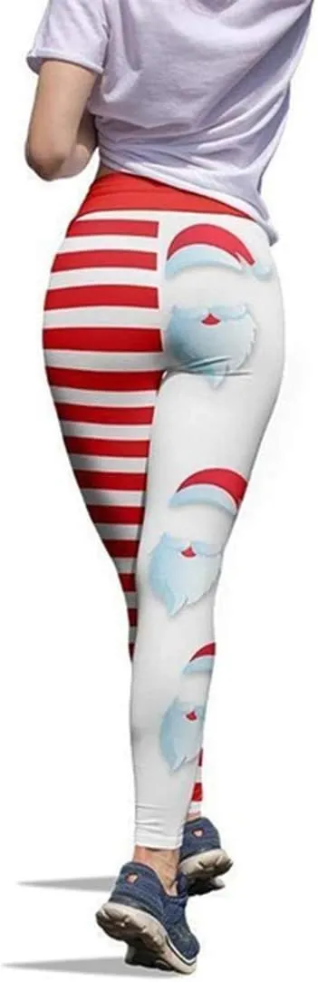 JIFRE Soft High Waist Santa Stripe Print Legging Hip Lift Slim Yoga Pants for Christmas Sportwear Fitness Running