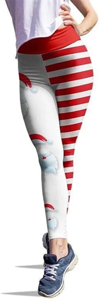 JIFRE Soft High Waist Santa Stripe Print Legging Hip Lift Slim Yoga Pants for Christmas Sportwear Fitness Running