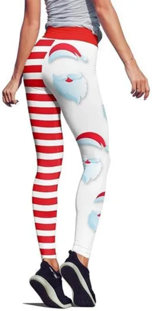 JIFRE Soft High Waist Santa Stripe Print Legging Hip Lift Slim Yoga Pants for Christmas Sportwear Fitness Running