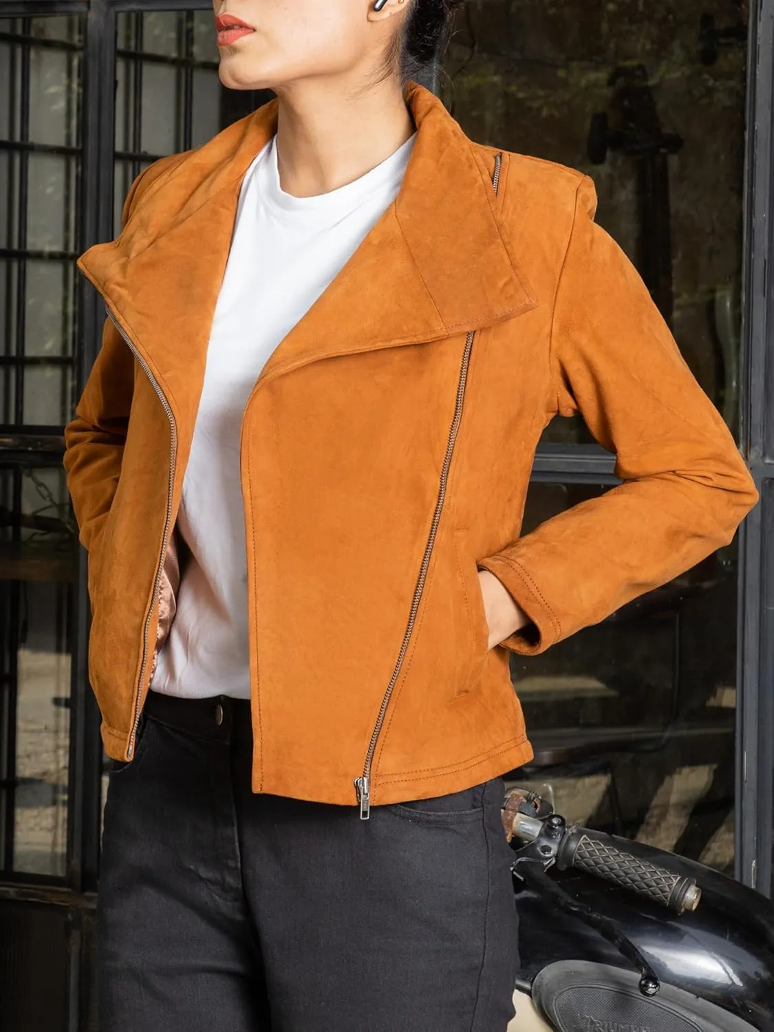 Jild Suede Leather Jacket Women Long Sleeve Fall & Winter Women's Fashion Moto Biker Jacket Open Front Cropped Coat Outerwear
