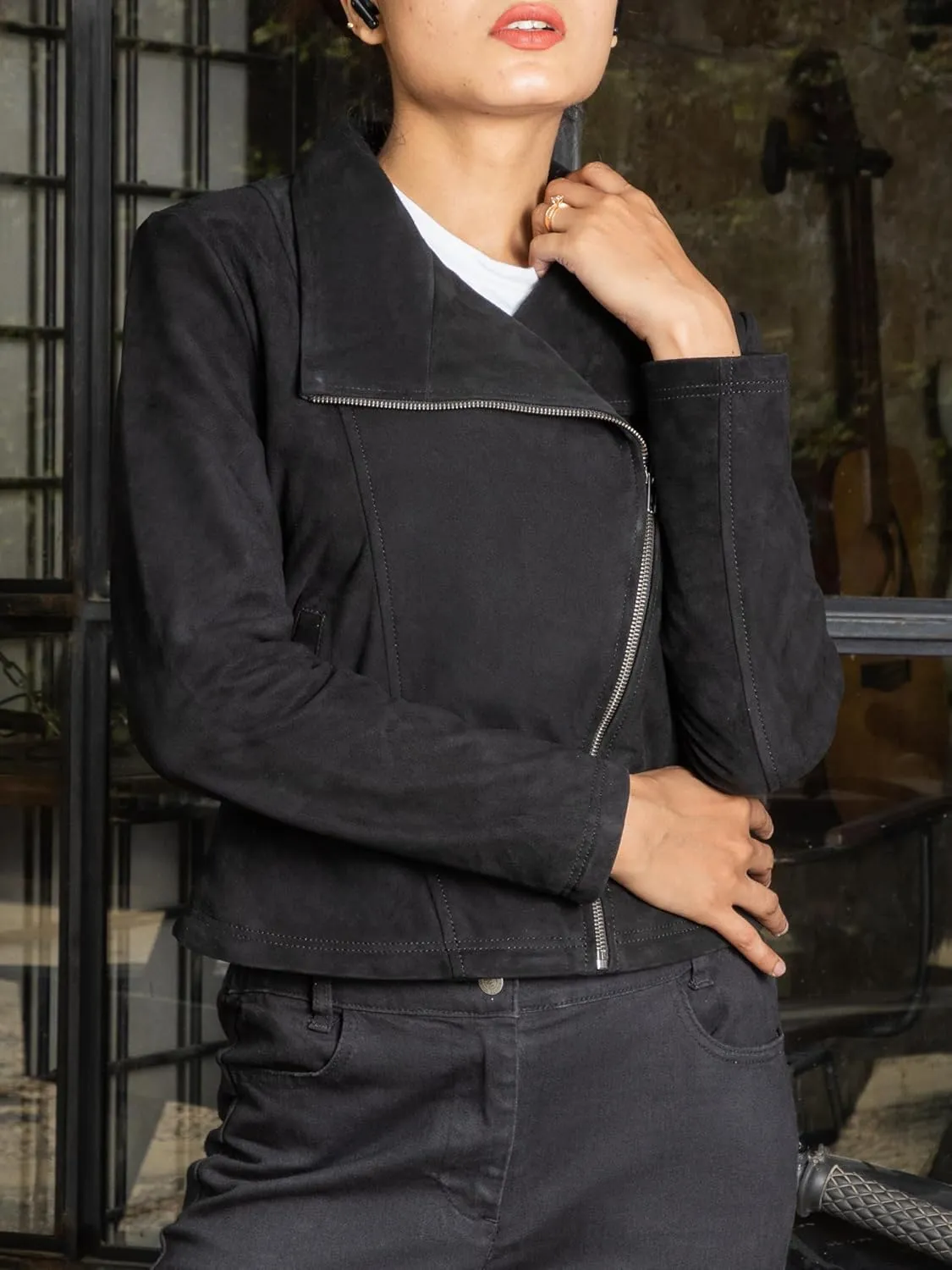 Jild Suede Leather Jacket Women Long Sleeve Fall & Winter Women's Fashion Moto Biker Jacket Open Front Cropped Coat Outerwear