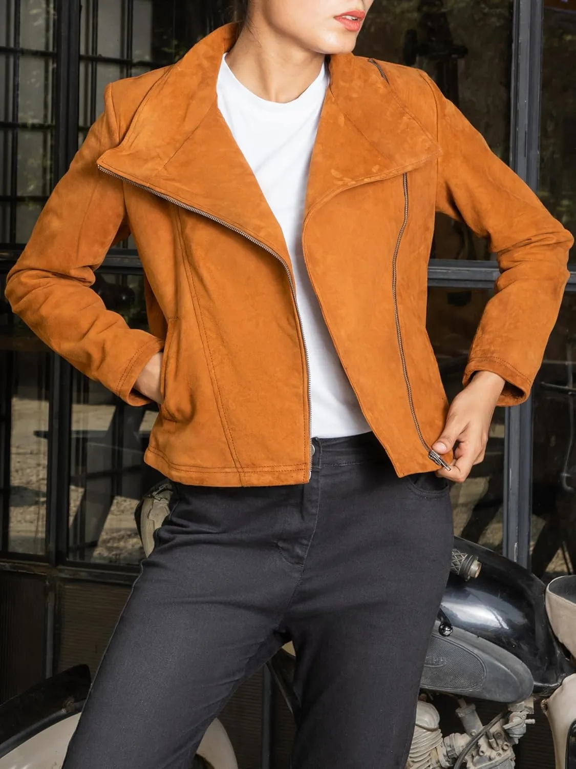 Jild Suede Leather Jacket Women Long Sleeve Fall & Winter Women's Fashion Moto Biker Jacket Open Front Cropped Coat Outerwear