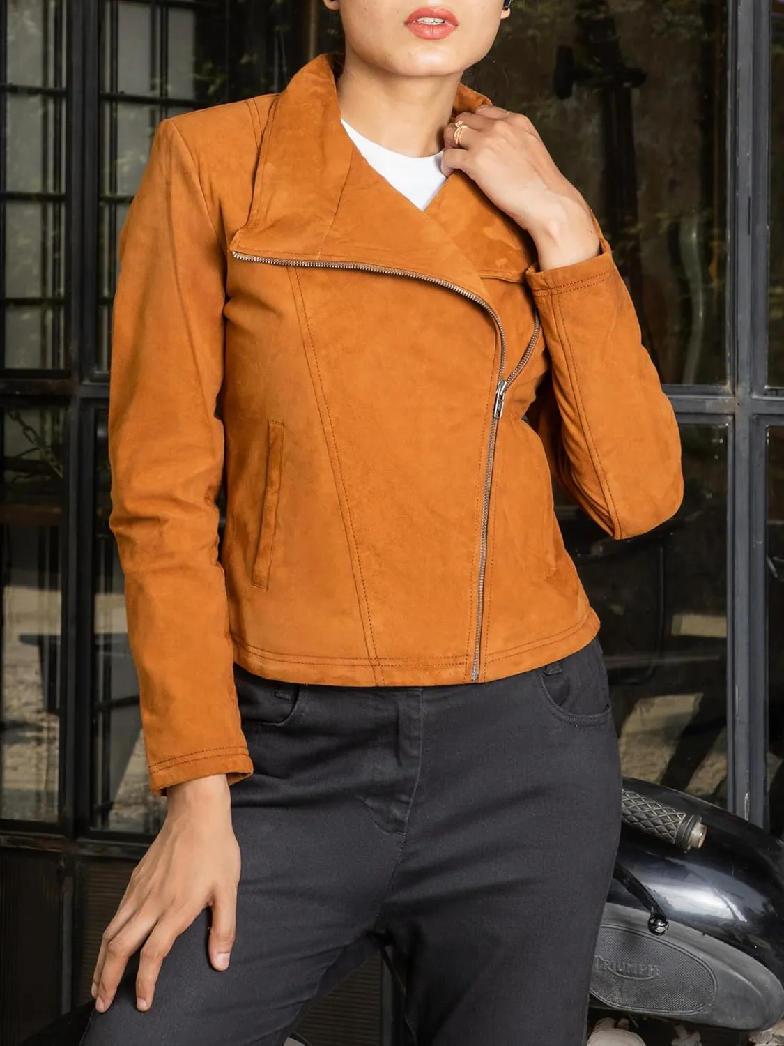 Jild Suede Leather Jacket Women Long Sleeve Fall & Winter Women's Fashion Moto Biker Jacket Open Front Cropped Coat Outerwear