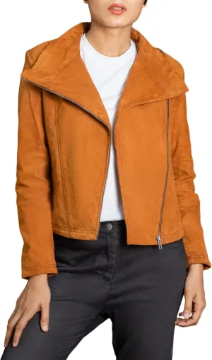 Jild Suede Leather Jacket Women Long Sleeve Fall & Winter Women's Fashion Moto Biker Jacket Open Front Cropped Coat Outerwear