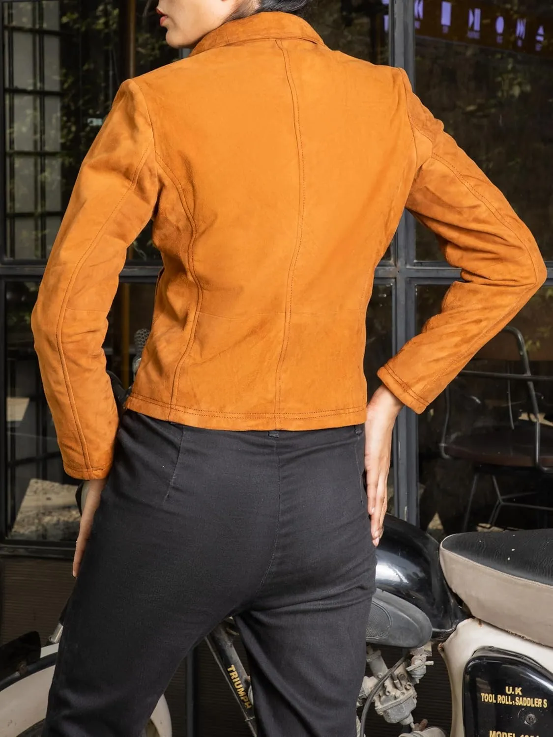 Jild Suede Leather Jacket Women Long Sleeve Fall & Winter Women's Fashion Moto Biker Jacket Open Front Cropped Coat Outerwear