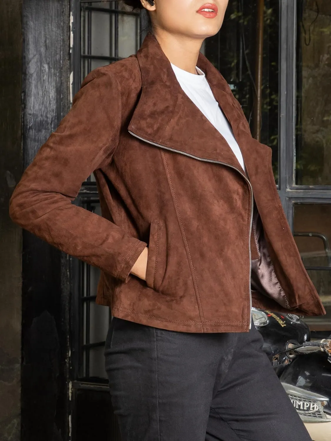 Jild Suede Leather Jacket Women Long Sleeve Fall & Winter Women's Fashion Moto Biker Jacket Open Front Cropped Coat Outerwear