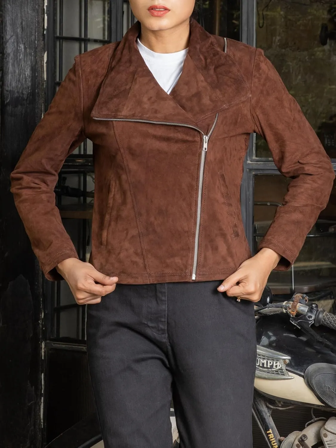 Jild Suede Leather Jacket Women Long Sleeve Fall & Winter Women's Fashion Moto Biker Jacket Open Front Cropped Coat Outerwear