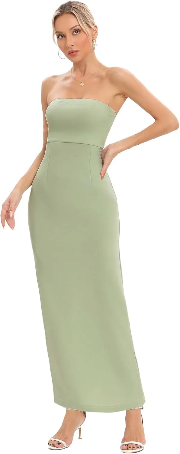 JLCNCUE Women's Tube Strapless Maxi Dress Side Slit Bodycon Dresses Sleeveless Off Shoulder Backless Cocktail Dress 295
