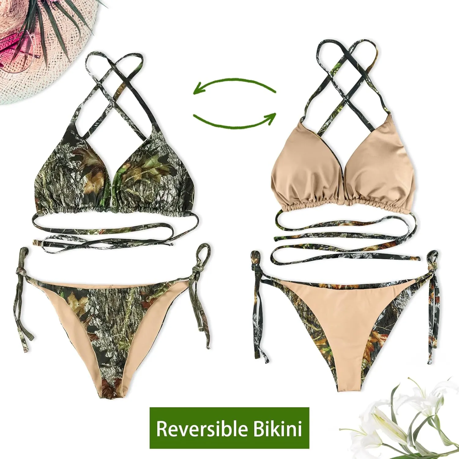 Jonathan Women's Camo Bikini Set with Padded Triangle Top and Tie Side Bottom - Reversible