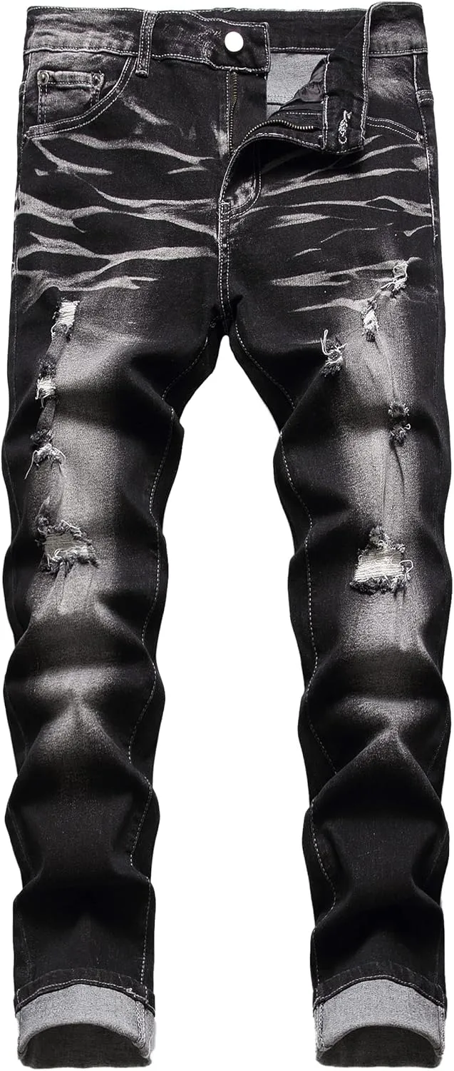 JUNBAOSS Men's Slim Fit Stretch Jeans Ripped Skinny Jeans for Men, Distressed Straight Leg Fashion Comfort Flex Waist Pants