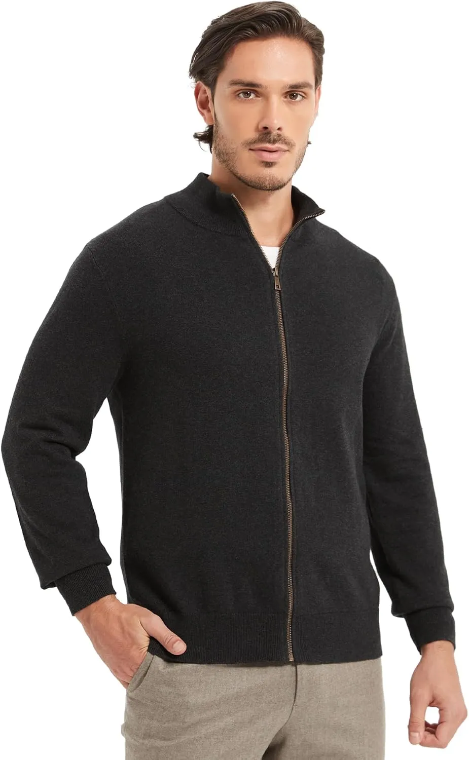 Kallspin Men's Pure Cotton Full Zip Up Sweater Cardigan Stand Collar Lightweight Knitted Cardigan Casual Outerwear