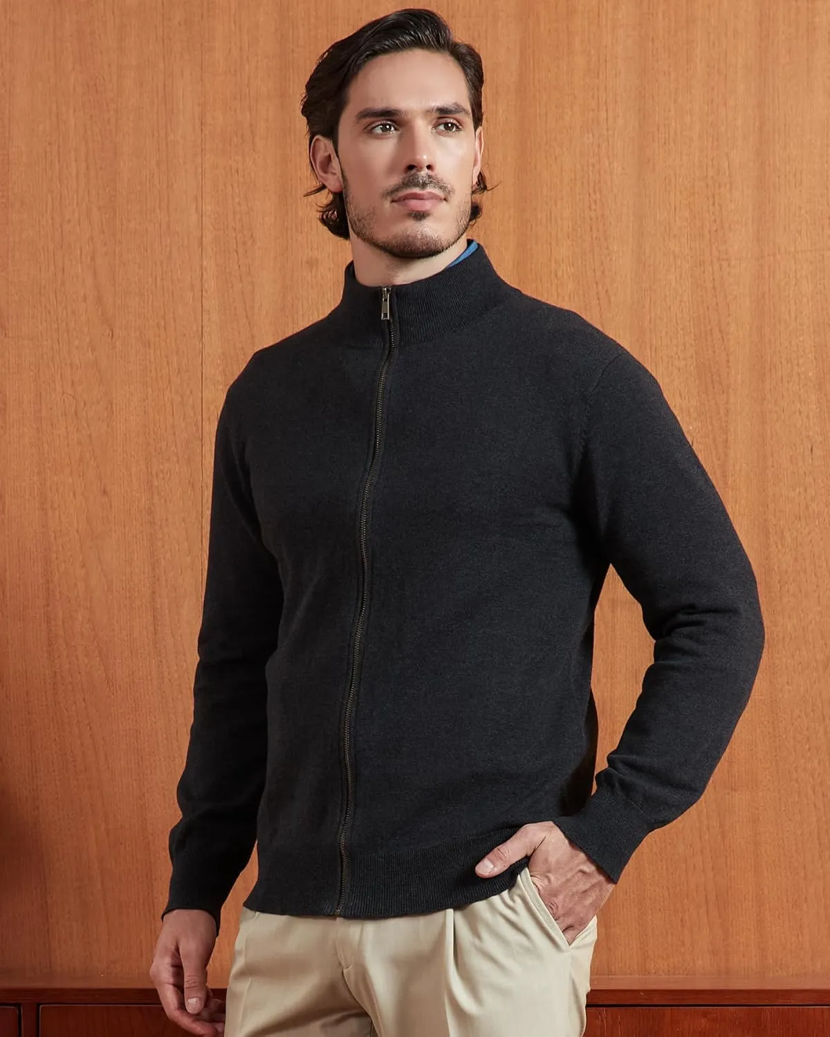 Kallspin Men's Pure Cotton Full Zip Up Sweater Cardigan Stand Collar Lightweight Knitted Cardigan Casual Outerwear