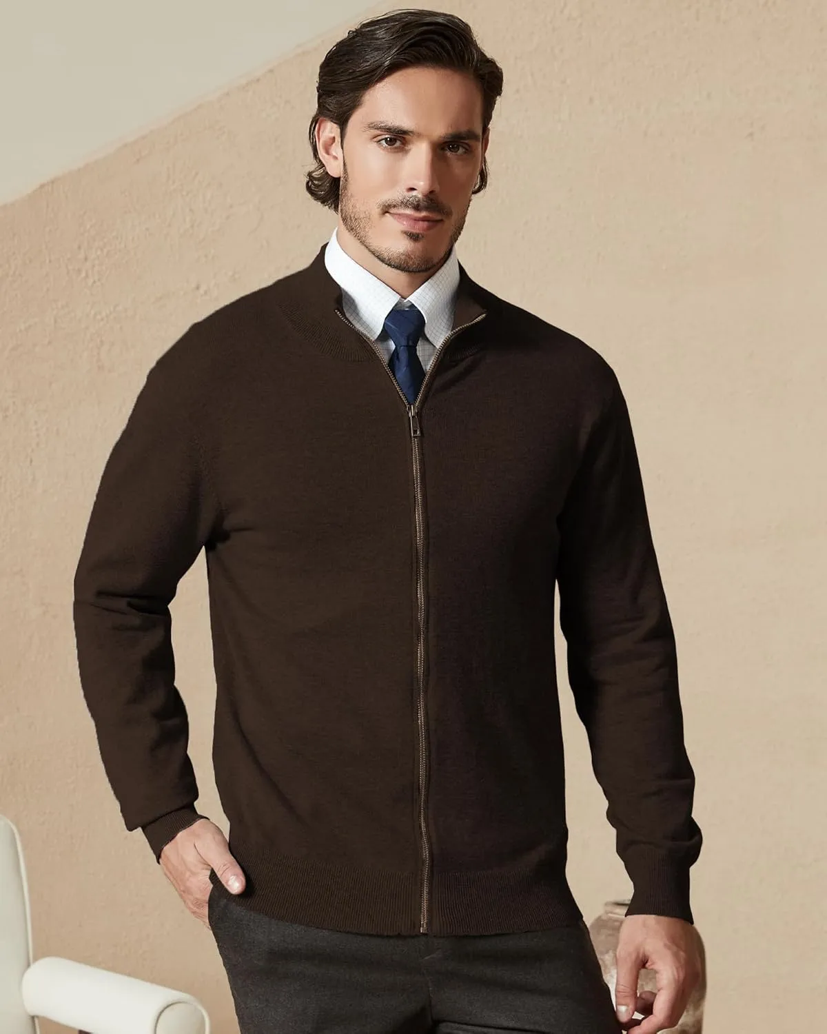 Kallspin Men's Pure Cotton Full Zip Up Sweater Cardigan Stand Collar Lightweight Knitted Cardigan Casual Outerwear