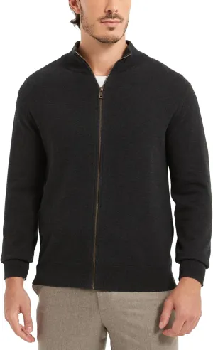 Kallspin Men's Pure Cotton Full Zip Up Sweater Cardigan Stand Collar Lightweight Knitted Cardigan Casual Outerwear