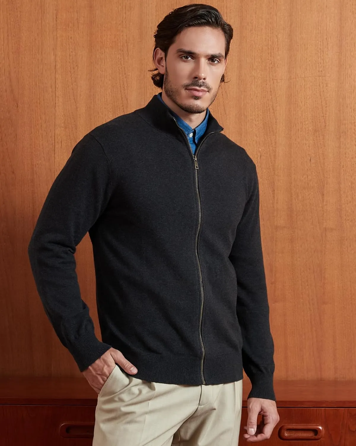 Kallspin Men's Pure Cotton Full Zip Up Sweater Cardigan Stand Collar Lightweight Knitted Cardigan Casual Outerwear