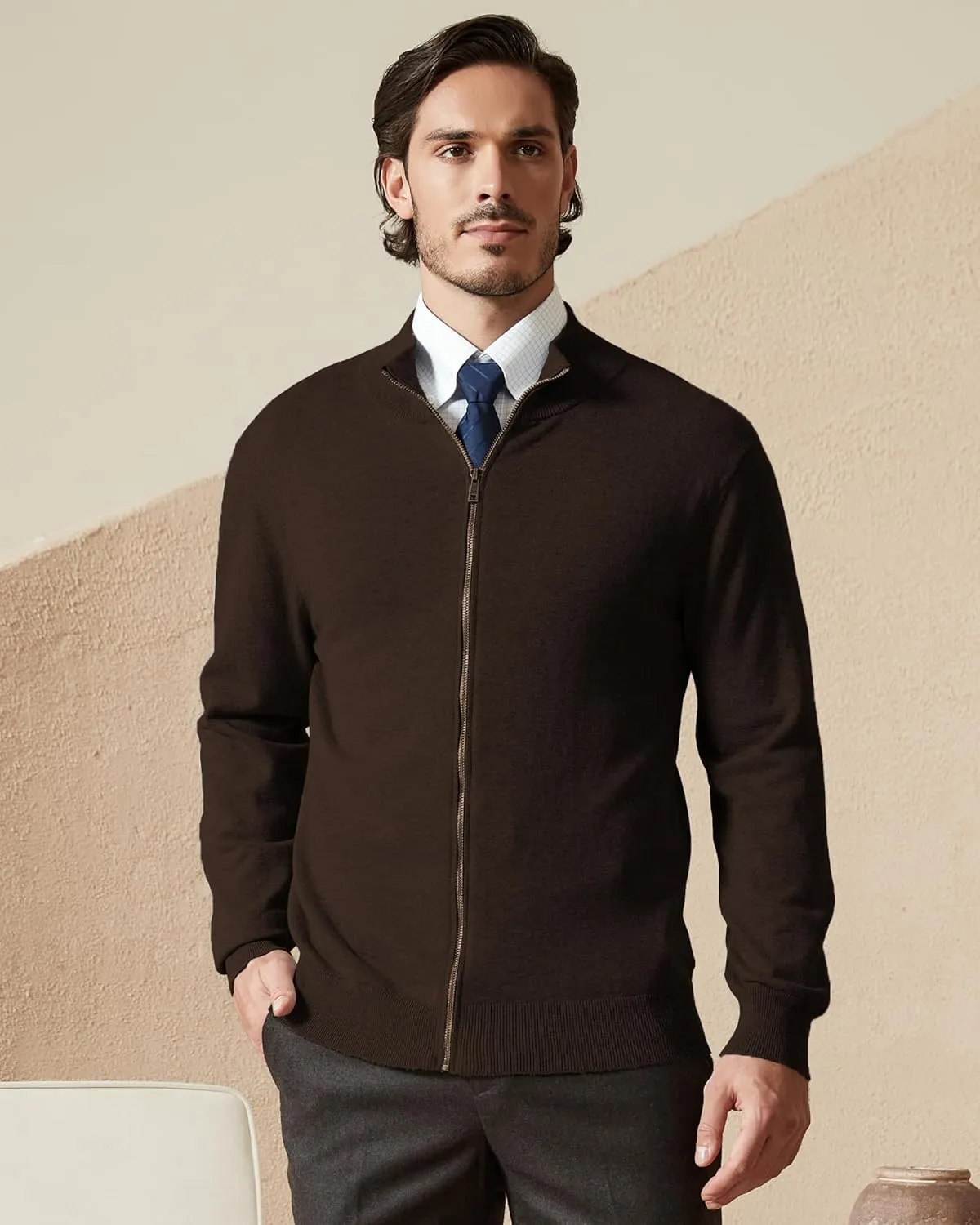 Kallspin Men's Pure Cotton Full Zip Up Sweater Cardigan Stand Collar Lightweight Knitted Cardigan Casual Outerwear