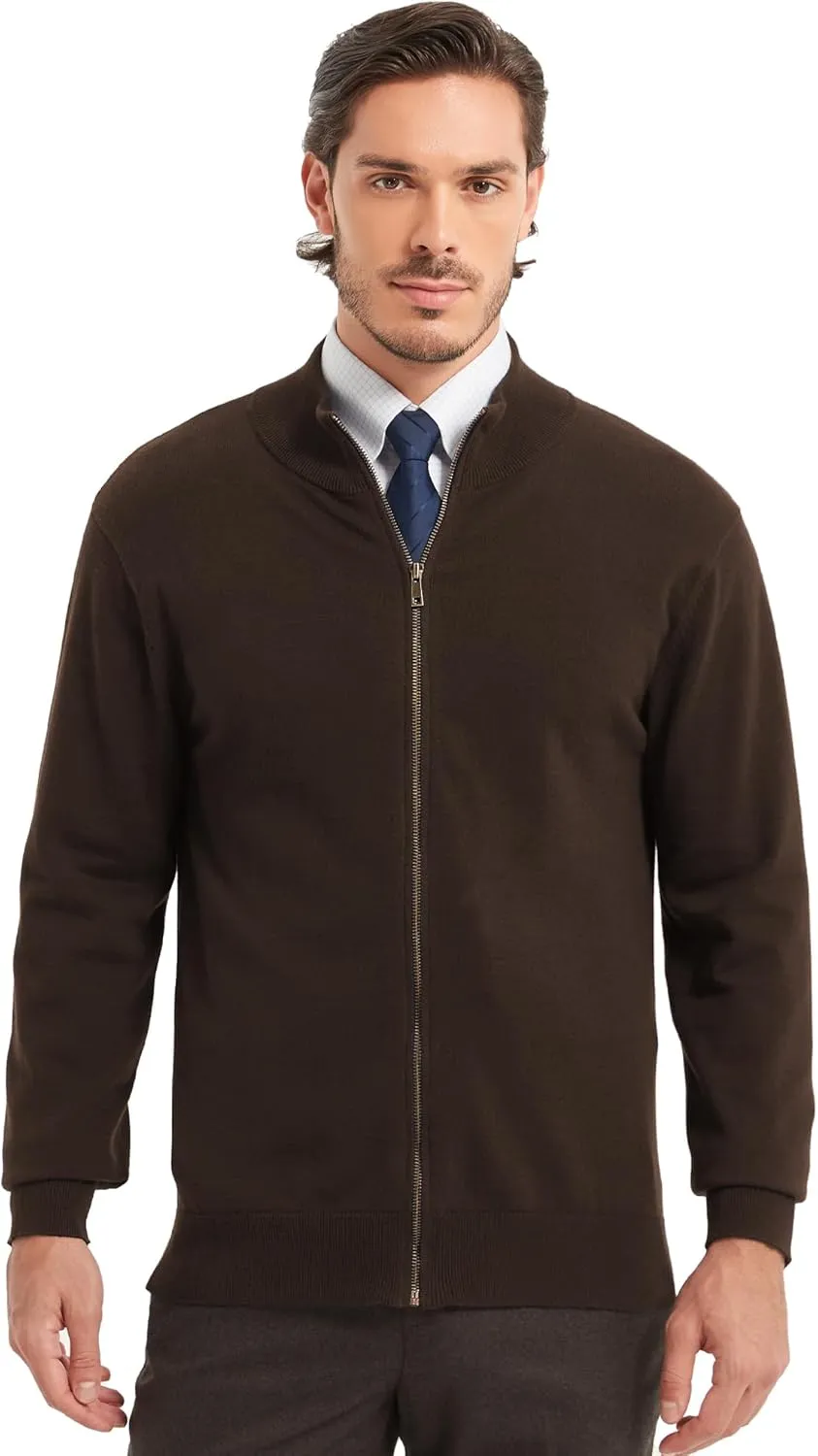 Kallspin Men's Pure Cotton Full Zip Up Sweater Cardigan Stand Collar Lightweight Knitted Cardigan Casual Outerwear