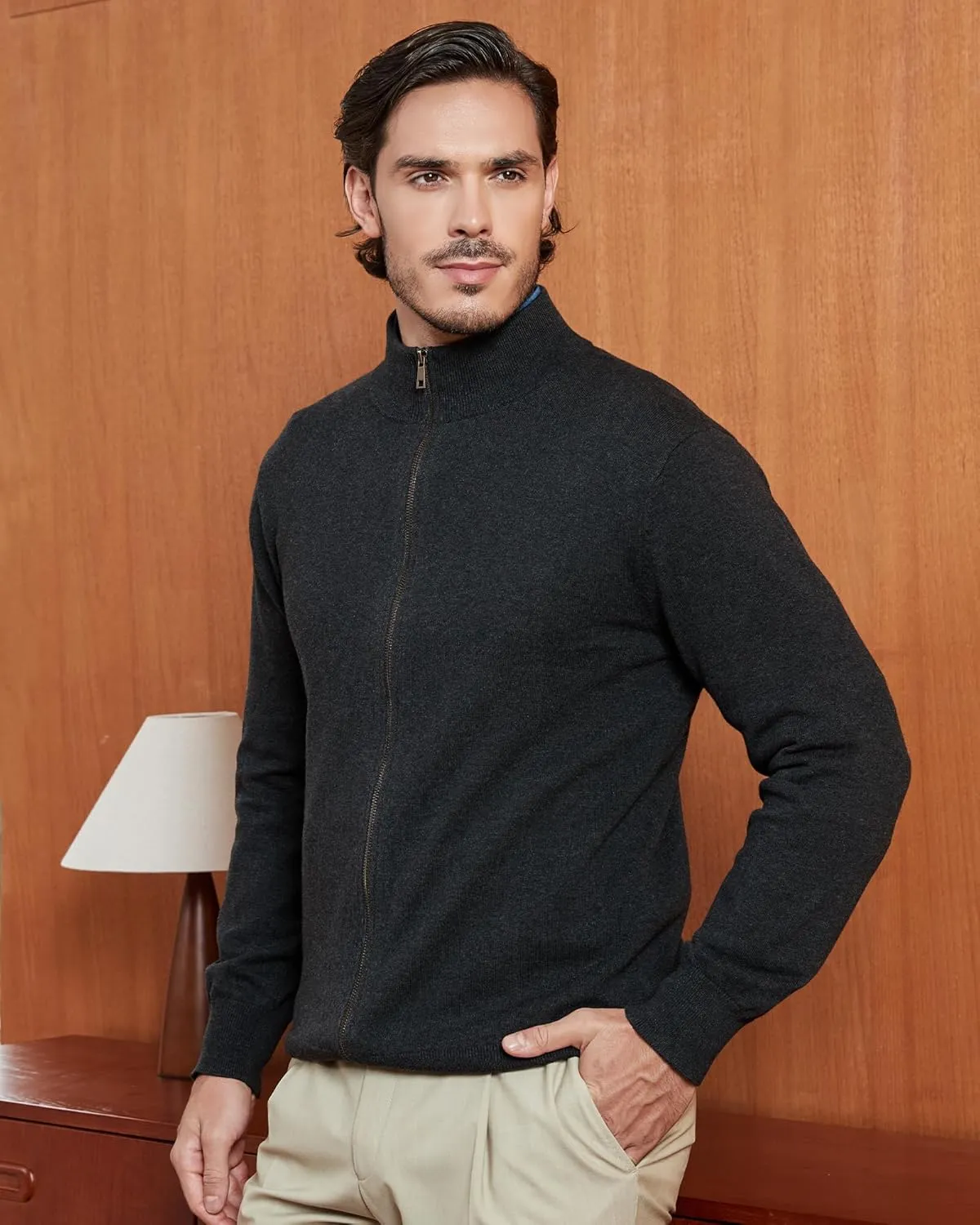 Kallspin Men's Pure Cotton Full Zip Up Sweater Cardigan Stand Collar Lightweight Knitted Cardigan Casual Outerwear