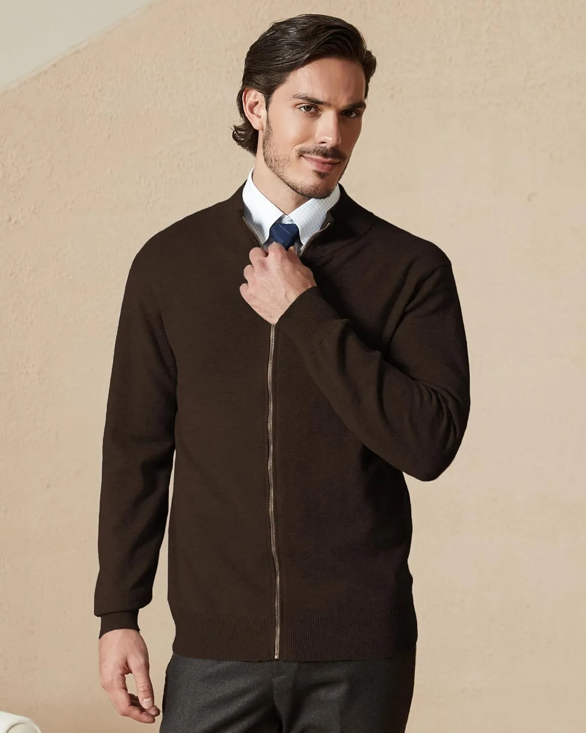 Kallspin Men's Pure Cotton Full Zip Up Sweater Cardigan Stand Collar Lightweight Knitted Cardigan Casual Outerwear