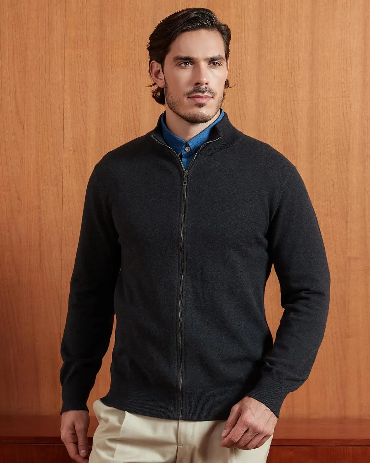 Kallspin Men's Pure Cotton Full Zip Up Sweater Cardigan Stand Collar Lightweight Knitted Cardigan Casual Outerwear