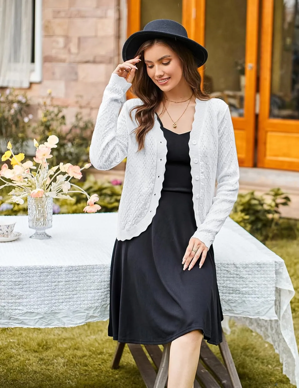 KANCY KOLE Women's 2025 Long Sleeve Cropped Cardigan Sweaters Lightweight Crochet Button Down Cardigan Shrugs for Dresses
