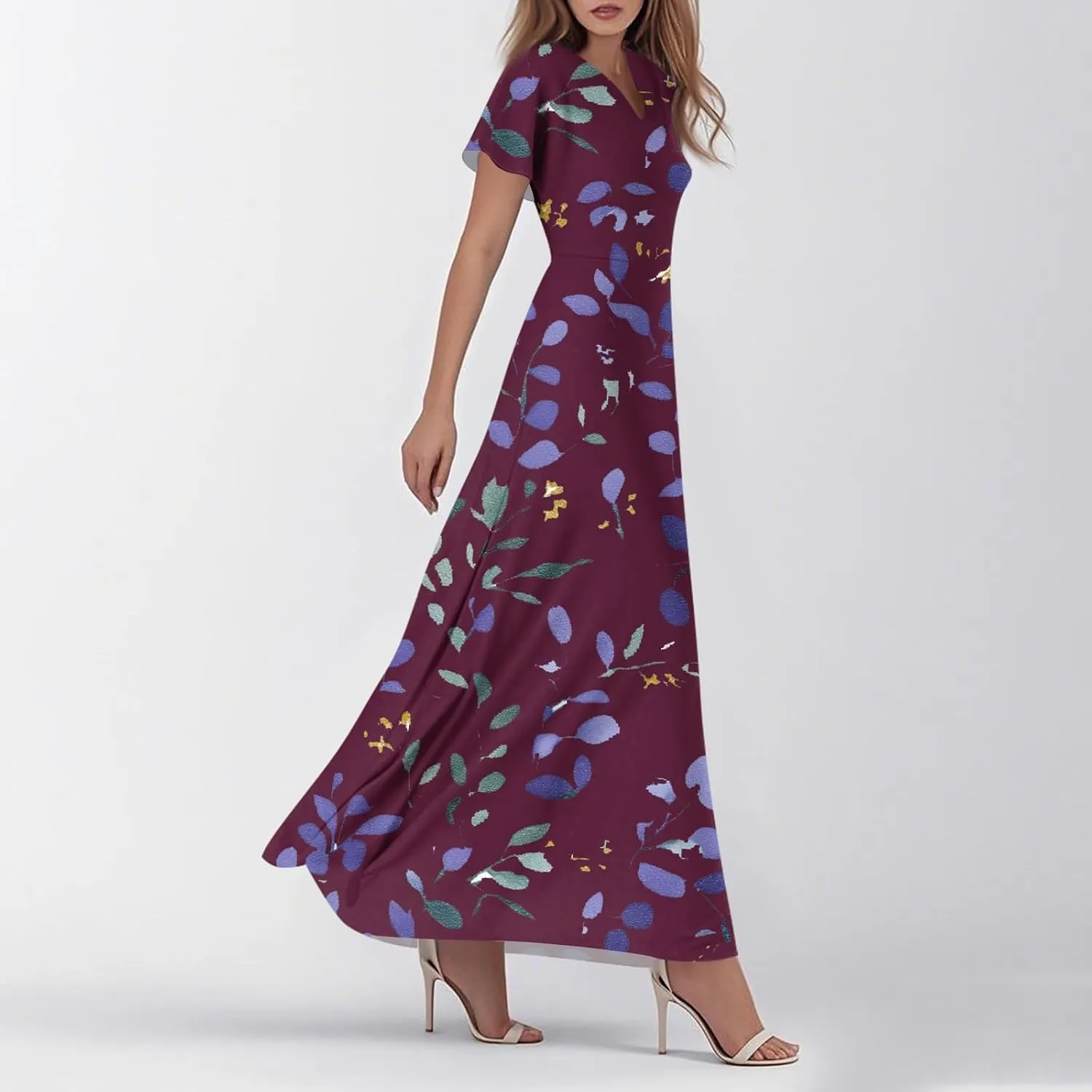 Kenvina Summer Dresses for Women Floral Print Short Sleeve Dress Casual Maxi Dress V Neck Flowy Swing Beach Vacation Dress