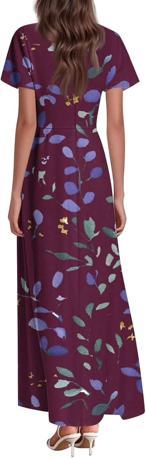 Kenvina Summer Dresses for Women Floral Print Short Sleeve Dress Casual Maxi Dress V Neck Flowy Swing Beach Vacation Dress