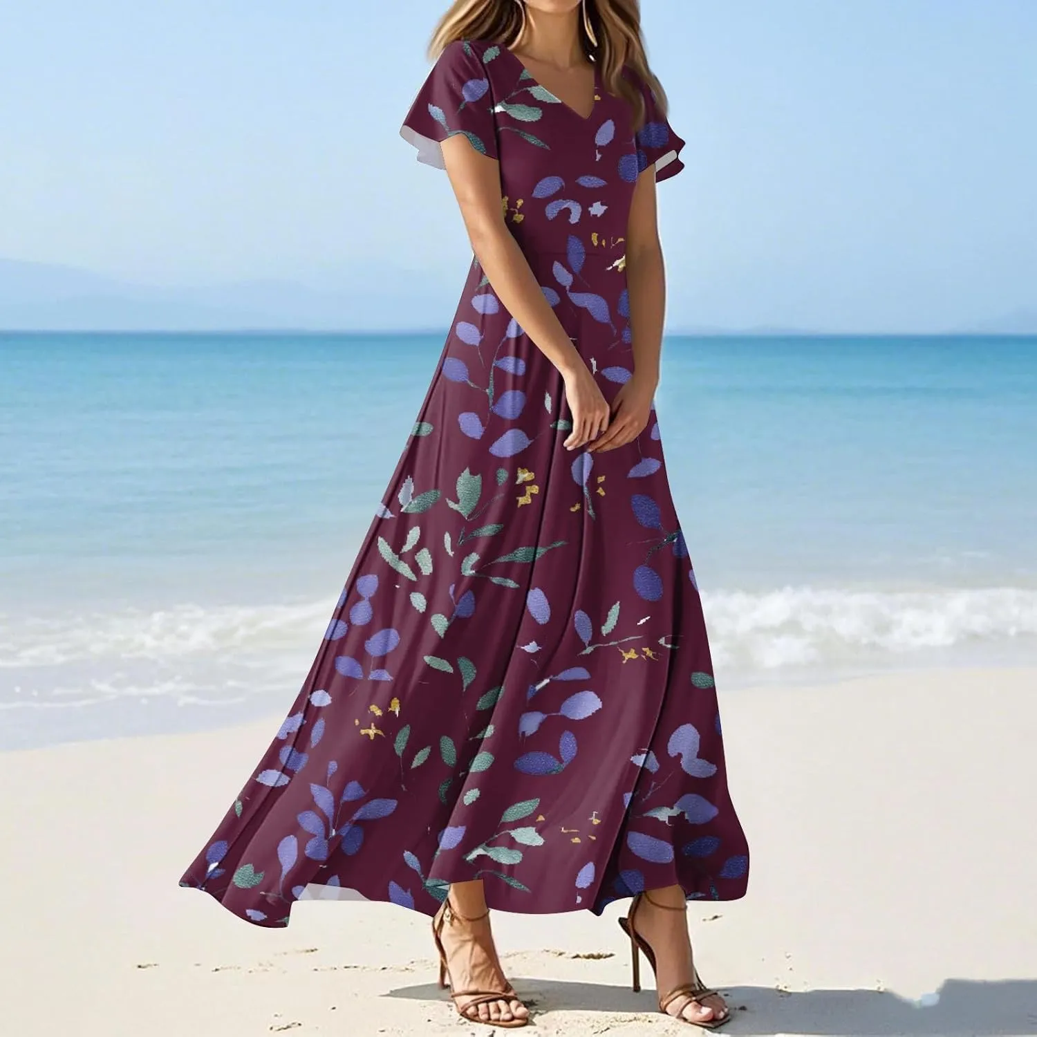 Kenvina Summer Dresses for Women Floral Print Short Sleeve Dress Casual Maxi Dress V Neck Flowy Swing Beach Vacation Dress