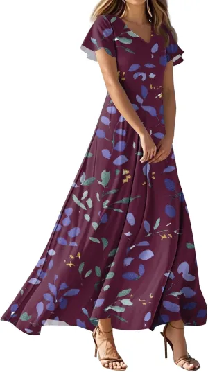 Kenvina Summer Dresses for Women Floral Print Short Sleeve Dress Casual Maxi Dress V Neck Flowy Swing Beach Vacation Dress