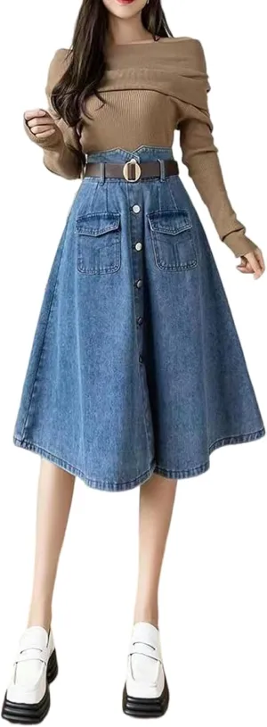 Korean Version Retro Denim Skirt, Women's high Waisted Pocket Large Hem Skirt, Gothic Denim Skirt
