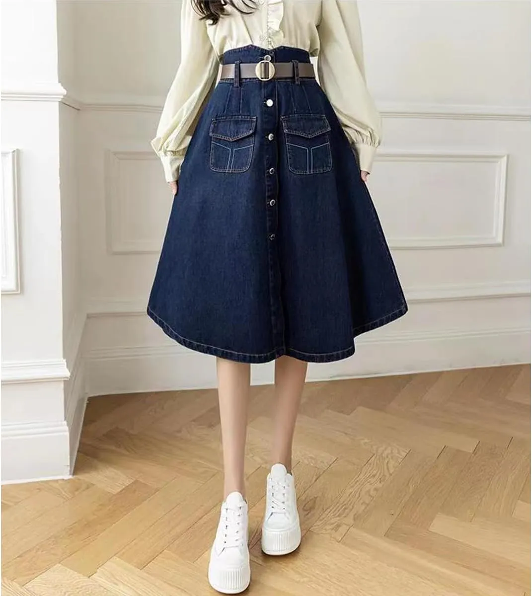 Korean Version Retro Denim Skirt, Women's high Waisted Pocket Large Hem Skirt, Gothic Denim Skirt