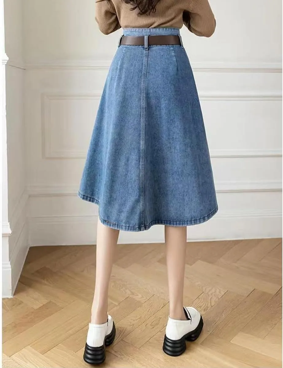 Korean Version Retro Denim Skirt, Women's high Waisted Pocket Large Hem Skirt, Gothic Denim Skirt