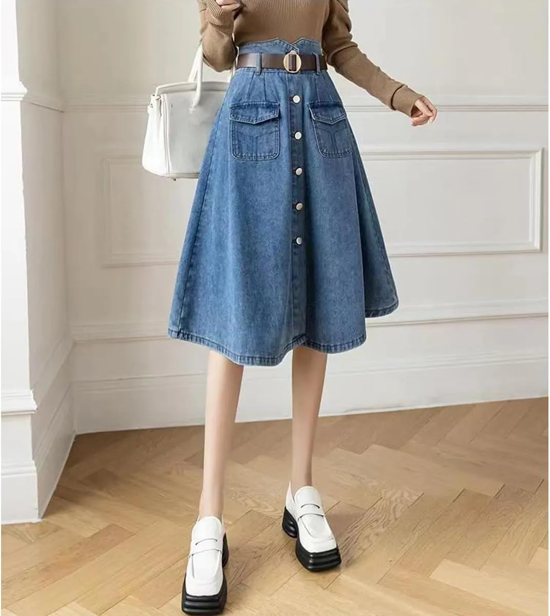 Korean Version Retro Denim Skirt, Women's high Waisted Pocket Large Hem Skirt, Gothic Denim Skirt
