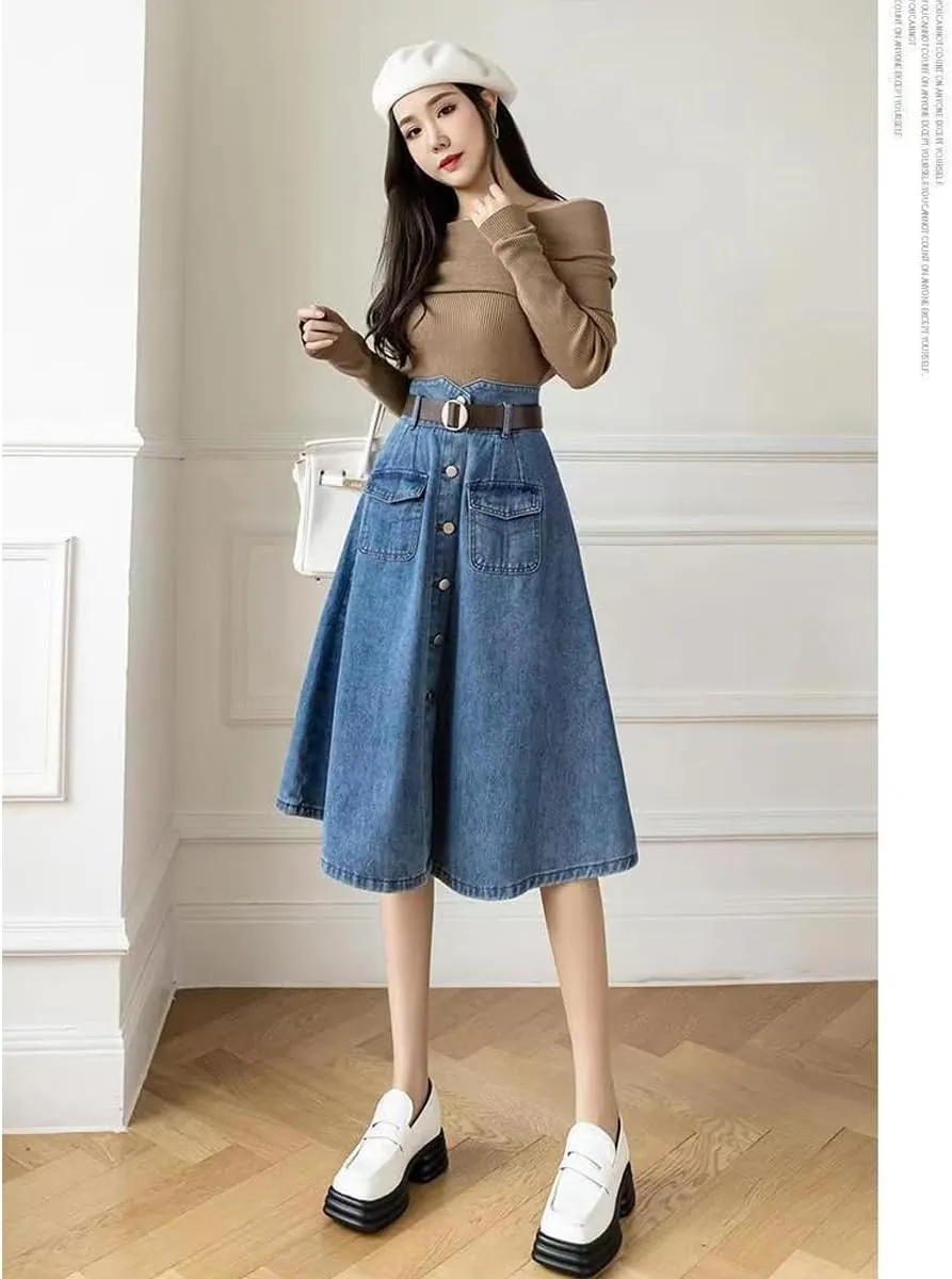Korean Version Retro Denim Skirt, Women's high Waisted Pocket Large Hem Skirt, Gothic Denim Skirt
