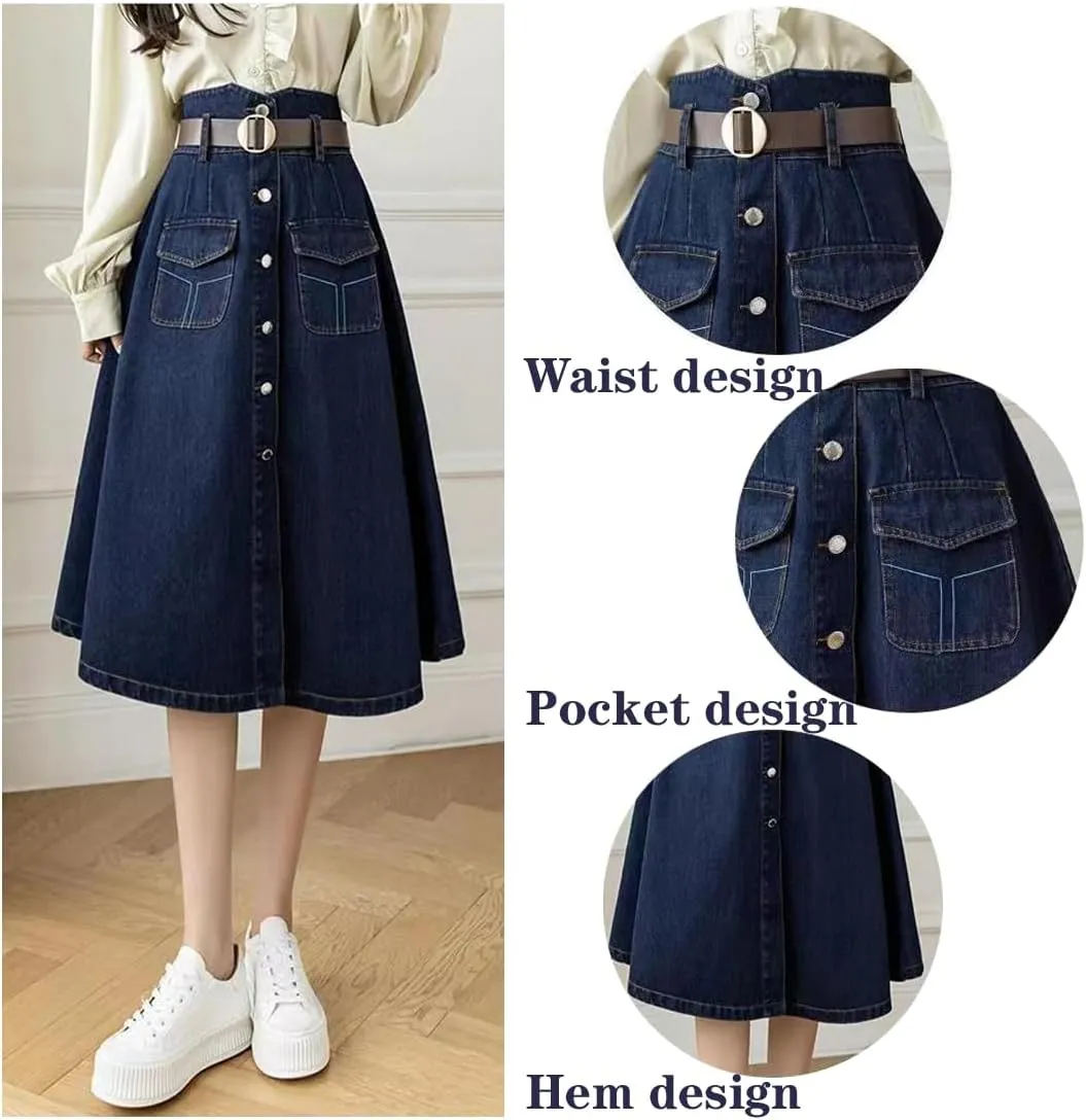 Korean Version Retro Denim Skirt, Women's high Waisted Pocket Large Hem Skirt, Gothic Denim Skirt