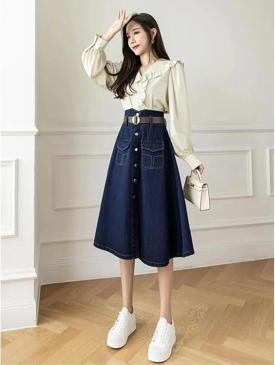 Korean Version Retro Denim Skirt, Women's high Waisted Pocket Large Hem Skirt, Gothic Denim Skirt