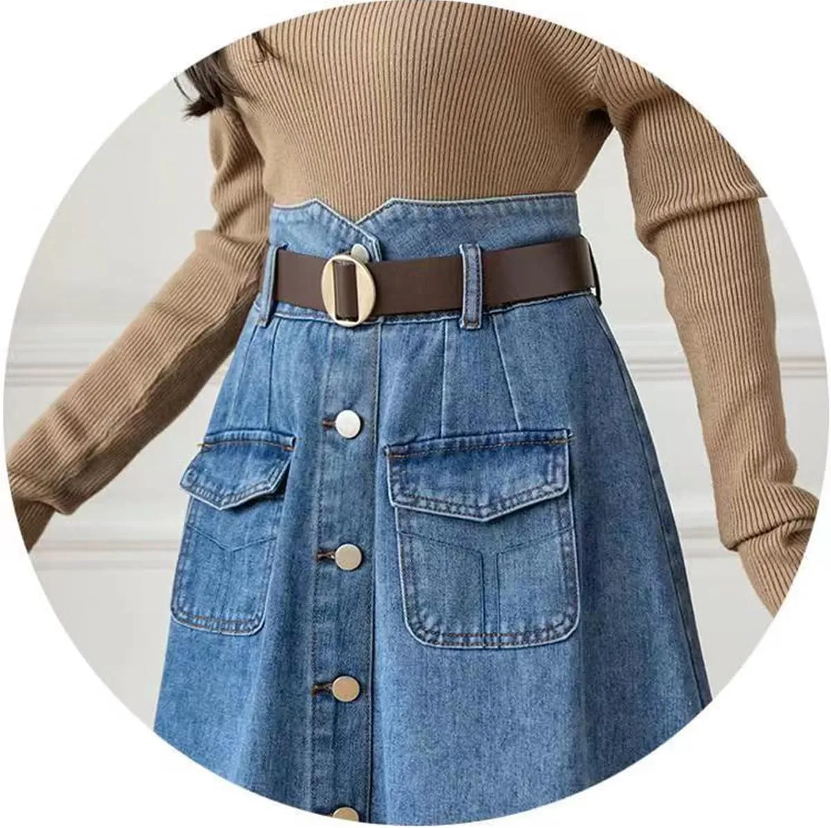 Korean Version Retro Denim Skirt, Women's high Waisted Pocket Large Hem Skirt, Gothic Denim Skirt