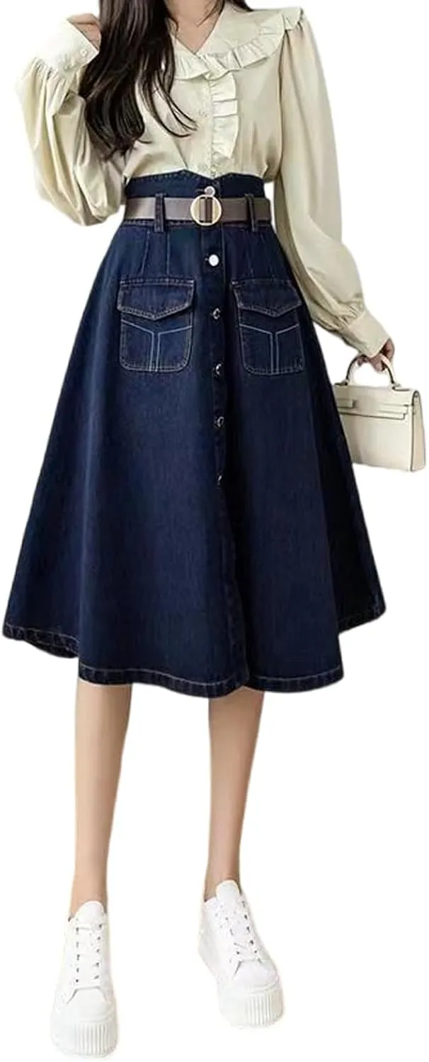 Korean Version Retro Denim Skirt, Women's high Waisted Pocket Large Hem Skirt, Gothic Denim Skirt