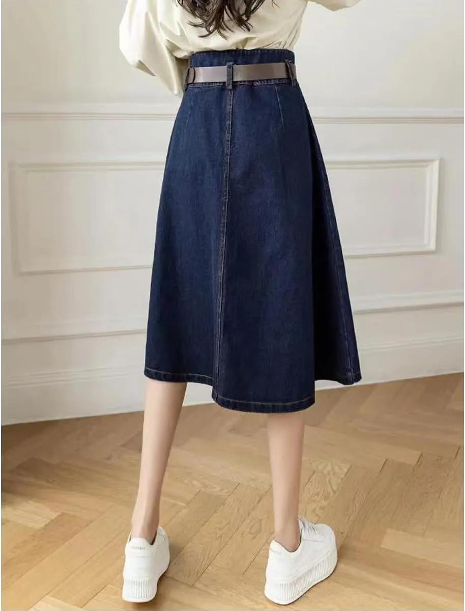 Korean Version Retro Denim Skirt, Women's high Waisted Pocket Large Hem Skirt, Gothic Denim Skirt