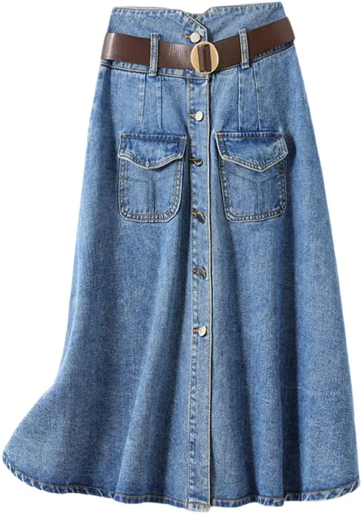Korean Version Retro Denim Skirt, Women's high Waisted Pocket Large Hem Skirt, Gothic Denim Skirt