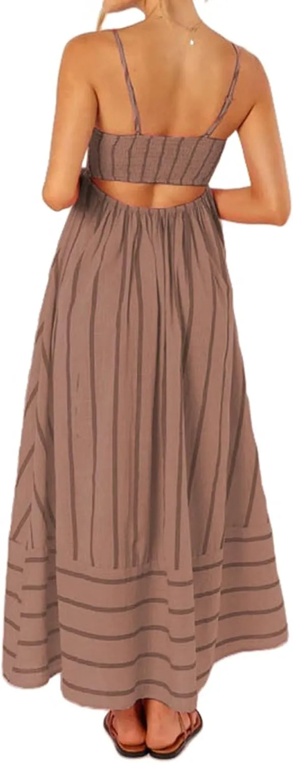 Kubbon Maxi Dress for Women Sleeveless Striped Sundress Spaghetti Strap Boho Long Dresses Flowy Swing Beach A Line Dress